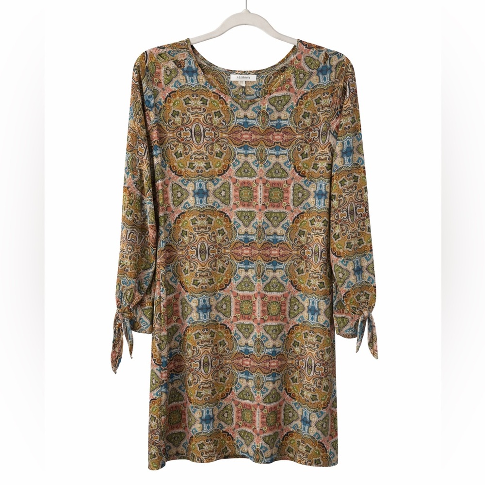 Tacera Boho 70s Earthy Medallion Art Deco Artsy Shift Dress S Flowy Hippie